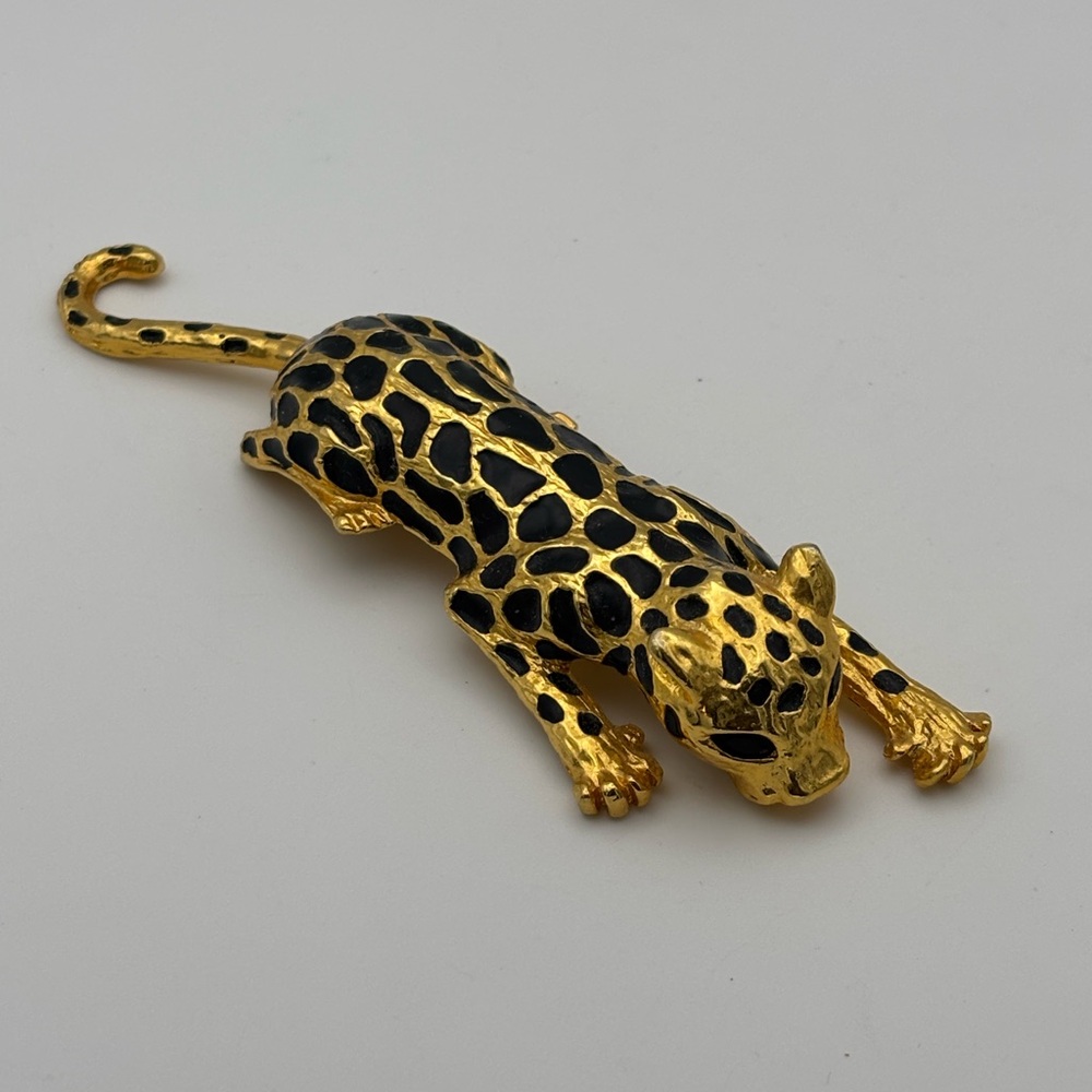 Huge Leopard Black Enamel Gold Tone Shoulder Brooch Pin 5” Moving Tail